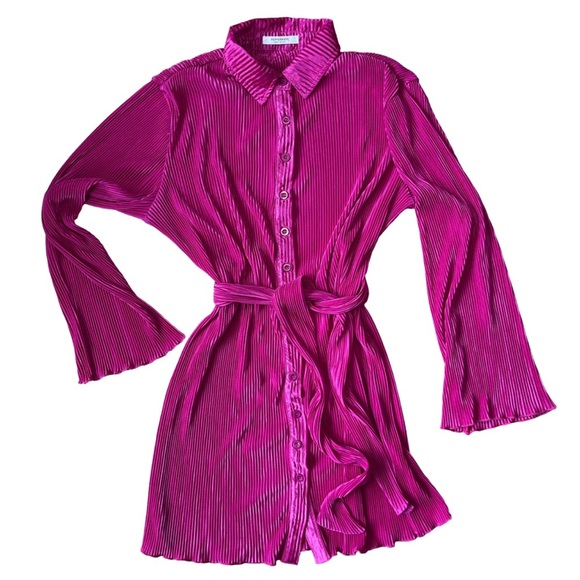 Peppermayo Pink Pleated Button Down Long Sleeve Flirty Mini Dress - Size 0 - Picture 3 of 15